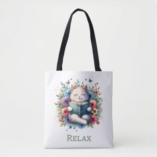 “Relax” cat reading tote bag (Voorkant)