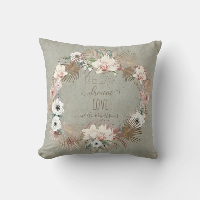 Relax Dream Love Floral Seaside Beach Palm Sage Kussen (Voorkant)