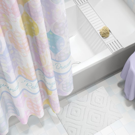 Relax Imagine Dream Polka Dot Ogee Roze Blauw Geel Douchegordijn