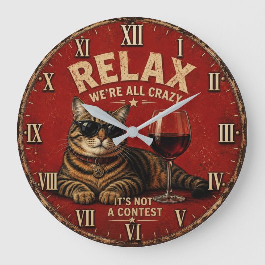 Relax We're All Crazy Funny Cat and Wine Grote Klok (Voorkant)