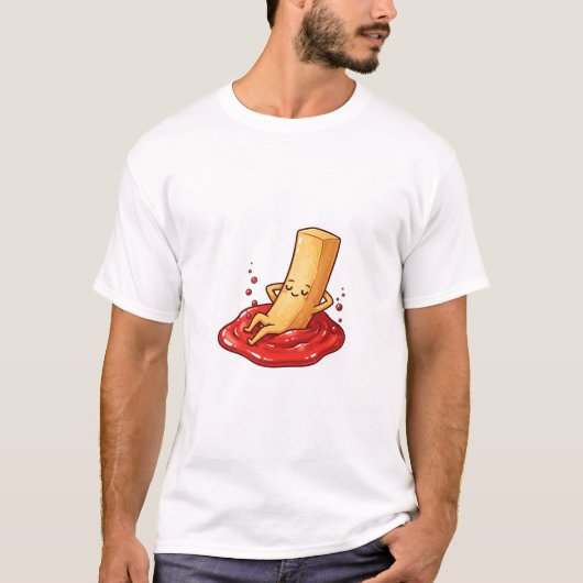 Relaxed French Fry Character Lounging in Ketchup T-shirt (Voorkant)