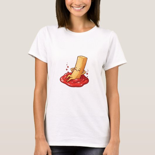 Relaxed French Fry Character Lounging in Ketchup T-shirt (Voorkant)