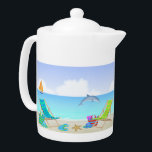 Relaxerende knoeiboel theepot<br><div class="desc">Deze Relaxing Beach Teapot is uitgerust met een strandachtergrond met oceaan, zand, zand, zeilboot en dolfijn, bladeren, paarse bloemen, strandstoelen met paraplu, paars surfboard en oceaan. Verkrijgbaar in twee formaten. Klaar voor uw volgende partij is het Ideaal voor elke kamer in uw huis of op uw strand. Ook een prachtig...</div>