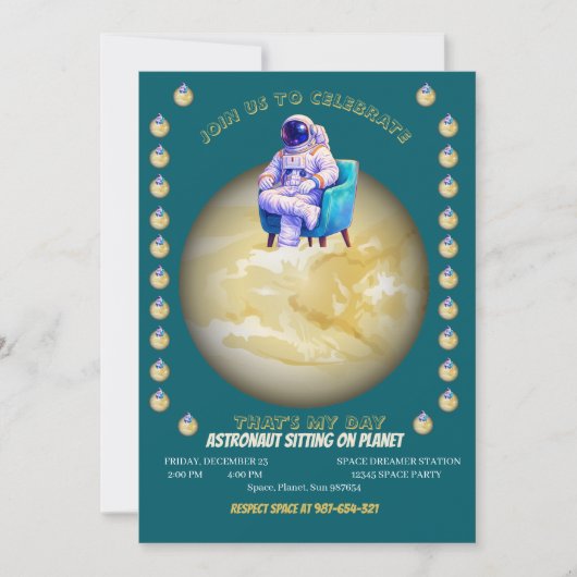 Relaxte astronaut zittend op planeet kaart (Voorkant)