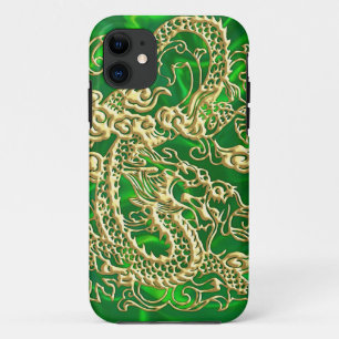 Reliëf Gouden Draak op Groene Satijn iPhone Hoes