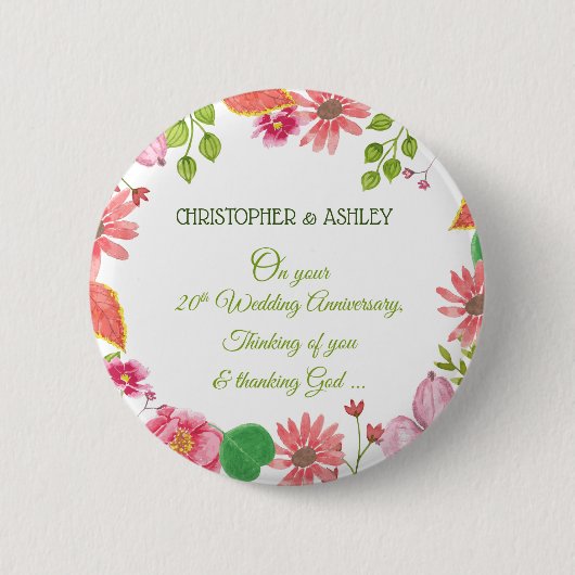 Relieuze bloemen voor 20-jarig huwelijksjubileum ronde button 5,7 cm (Voorkant)