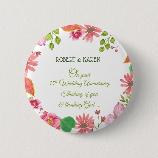 Relieuze bloemen voor 35-jarig huwelijksjubileum ronde button 5,7 cm (Voorkant)