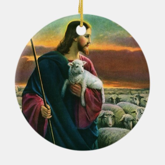  religie, Christus Good Shepherd met koppel Keramisch Ornament (Achterkant)