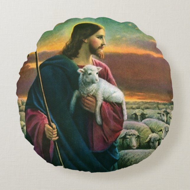  religie, Christus Good Shepherd met koppel Rond Kussen (Voorkant)