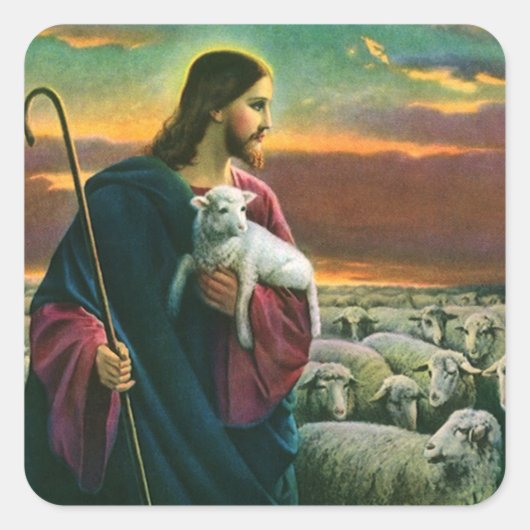  religie, Christus Good Shepherd met koppel Vierkante Sticker (Voorkant)