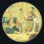 religie, jodendom, de Menorah verlicht Ronde Sticker<br><div class="desc">Een  illustratie van religieus judaica-afbeelding met een rabbijn die tijdens de Hanukkah de kaarsen op een Menorah verlicht met twee kinderen die kijken.</div>