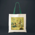 religie, jodendom, de Menorah verlicht Tote Bag<br><div class="desc">Een  illustratie van religieus judaica-afbeelding met een rabbijn die tijdens de Hanukkah de kaarsen op een Menorah verlicht met twee kinderen die kijken.</div>
