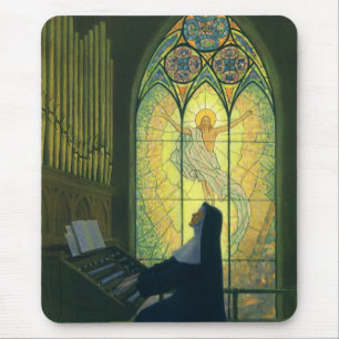 Religie uit het verleden, non die een orgel in de  muismat
