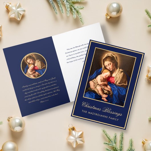 Religieus Blauw Goud Madonna & Kind Kerstmis Feestdagen Kaart