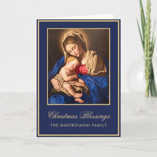 Religieus Blauw Goud Madonna & Kind Kerstmis Feestdagen Kaart (Voorkant)
