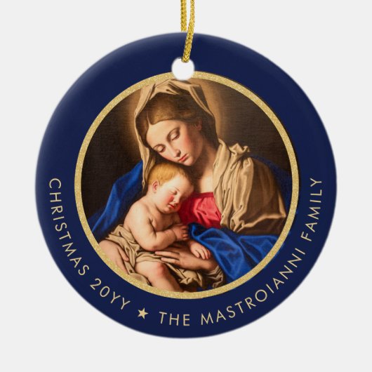 Religieus Blauw & Gouden Madonna & Kind Kerstmis Keramisch Ornament (Voorkant)