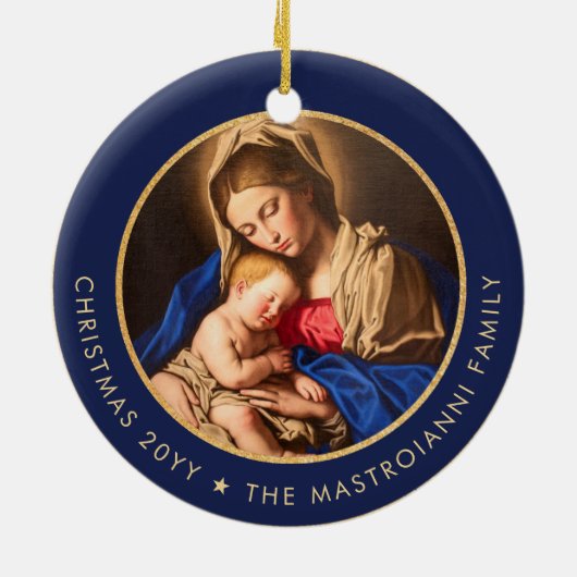 Religieus Blauw & Gouden Madonna & Kind Kerstmis Keramisch Ornament (Achterkant)
