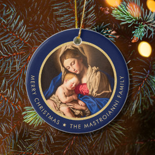 Religieus Blauw & Gouden Madonna & Kind Kerstmis Keramisch Ornament