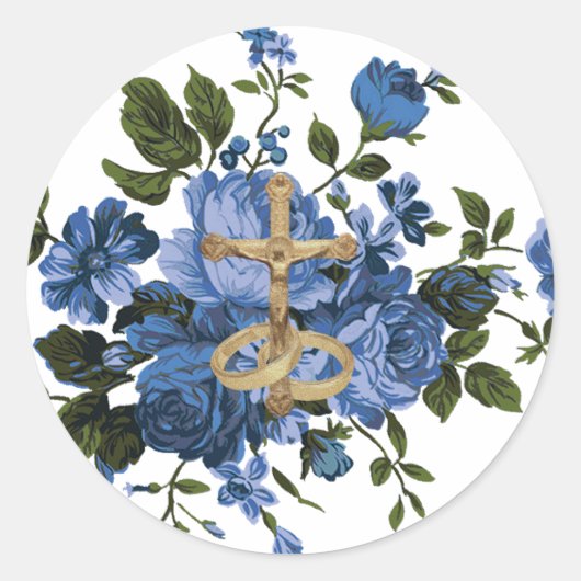 Religieus Blauw Roos Bloemen Goud Kruisbeeld Ronde Sticker (Voorkant)