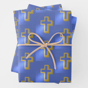 Religieus Christelijk Gouden Kruis Lila Blauw Pase Inpakpapier Vel