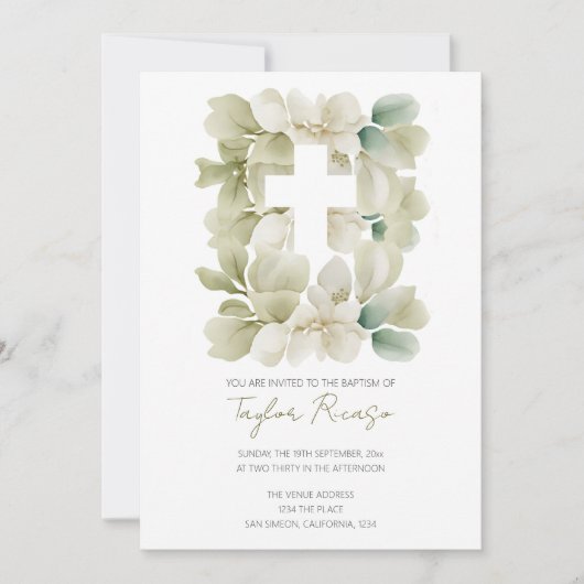 Religieus Christelijk Kruis Groen gebladerte Doop Kaart (Voorkant)