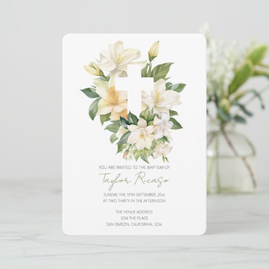 Religieus Christelijk Kruis Lelie Foliage Doop Kaart (Staand voorkant)
