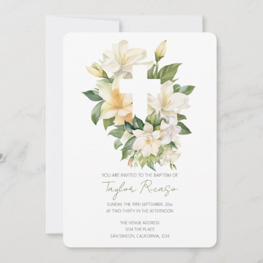 Religieus Christelijk Kruis Lelie Foliage Doop Kaart (Voorkant)