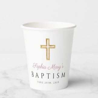 Religieus Cross Roze Script Meisje Doop Papieren Bekers