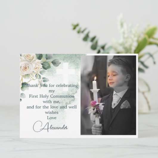 Religieus Dank u Foto Gouden Rozen Groen Kaart (Staand voorkant)