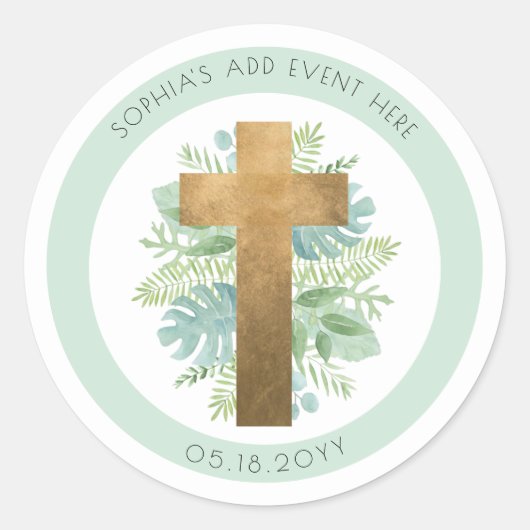 Religieus evenement groen kruis enveloppe zegel/gu ronde sticker (Voorkant)