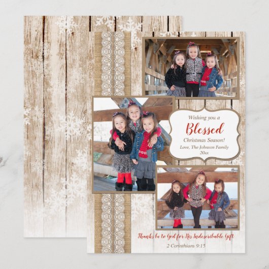 Religieus hout 3-fotokerstkaart (Voorkant / Achterkant)