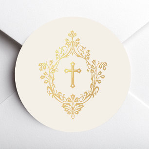 Religieus Ivoor Nep Gouden Kruis in Wapen Verguld  Ronde Sticker