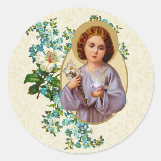 Religieus kind Jezus Dove Bloemen Ronde Sticker (Voorkant)