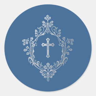 Religieus klassiek blauw namaak zilveren kruis in  ronde sticker