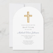 Religieus Kruis Dusty Blue Stripe Boy Doopbaak Kaart (Voorkant)