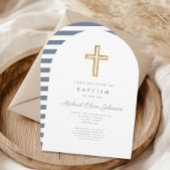 Religieus Kruis Dusty Blue Stripe Boy Doopbaak Kaart