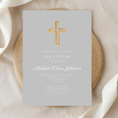 Religieus kruis grijs script jongensdoop kaart