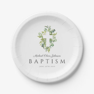 Religieus Kruis Groen Botanisch Doopfeest Papieren Bordje