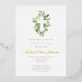 Religieus kruis groene botanische doop goud folie uitnodiging (Voorkant)