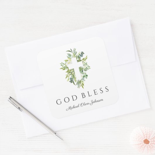 Religieus Kruis Groene Botanische God Zegen Doop Vierkante Sticker (Envelop)