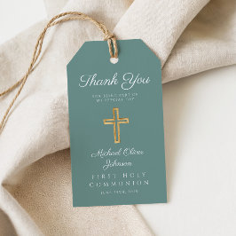Religieus Kruis Groene Jongen Eerste Communie Cadeaulabel