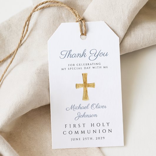 Religieus Kruis Jongen Blauw Eerste Communie Cadeaulabel