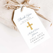 Religieus Kruis Jongen Blauw Eerste Communie Cadeaulabel