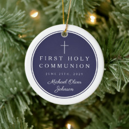 Religieus kruis jongen eerste communie foto keramisch ornament