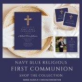 Religieus kruis marineblauw jongen eerste communie kaart