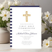 Religieus kruis marineblauwe jongen eerste communi kaart