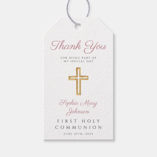 Religieus kruis meisje roze strepen eerste communi cadeaulabel (Voorkant)