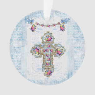Religieus kruis met bloemen en vogels ornament