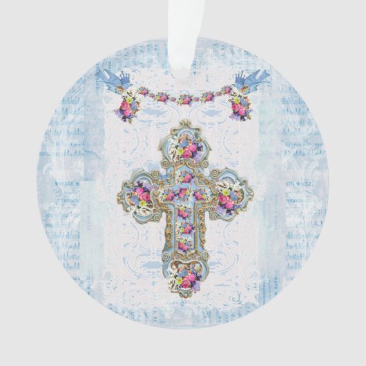 Religieus kruis met bloemen en vogels ornament (voorkant)