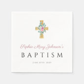 Religieus kruis roze bloemendoop servet (Voorkant)